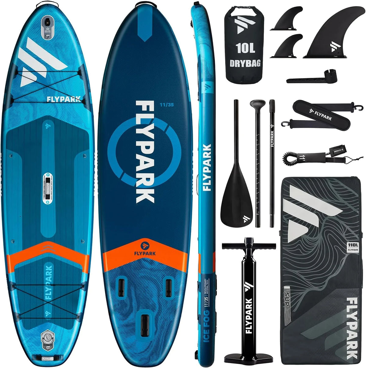 Flypark 10'8/11'x35'' wędkarstwo i rodzinne stabilne nadmuchiwane deski wiosłowe, bardzo szerokie nadmuchiwane deski SUP, łożysko 195 kg, deska do wiosłowania stojącego, uchwyt na aparat, pasek na(Lodowa mgła niebieska 11'*35)