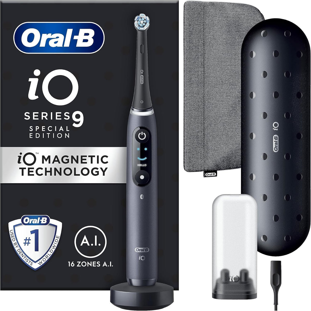 Oral-B iO 9 czarna elektryczna szczoteczka do zębów edycja specjalna, 1 głowica szczoteczki do zębów, 1 etui podróżne do ładowania, 1 woreczek magnetyczny, zaprojektowana przez Braun
