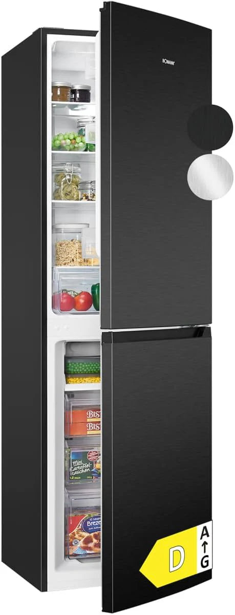 Lodówka i zamrażarka Bomann 247L KG7360-Czarna, System MultiAirflow, Całkowicie bezszronowa, 4 szklane półki, Oświetlenie LED, Klasa energetyczna A+, Czarna(stal szlachetna)
