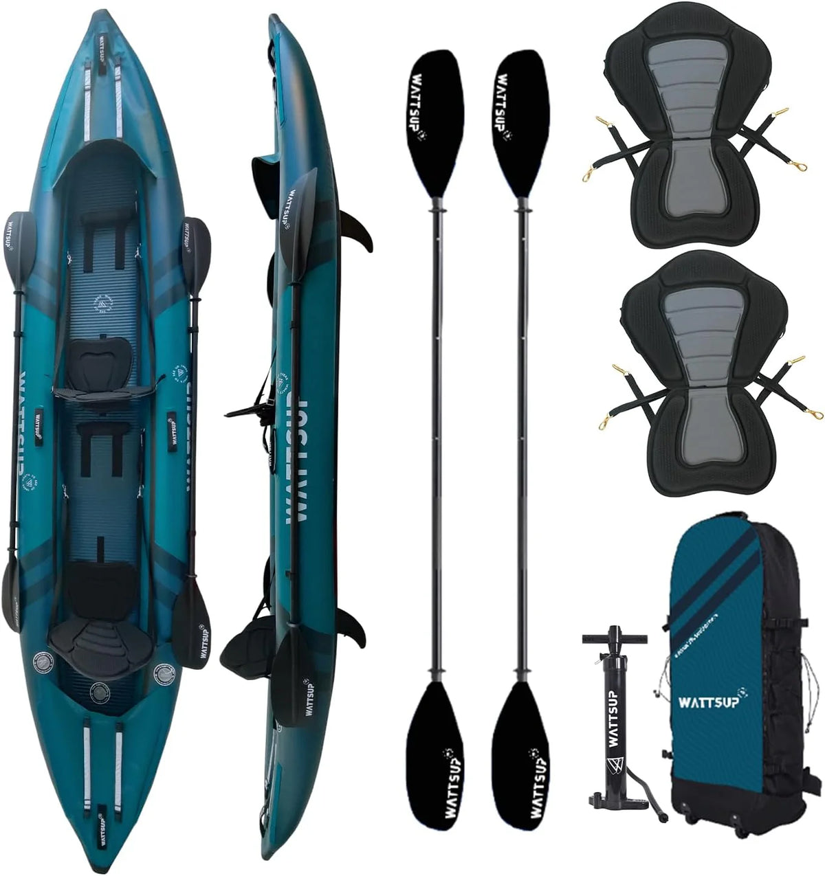 Kajak dmuchany Wattsup COD 2-osobowy – 410x85 cm (13'4" x 33") – laminowany PVC + Dropstitch – Pełny zestaw – Maks. 220 kg