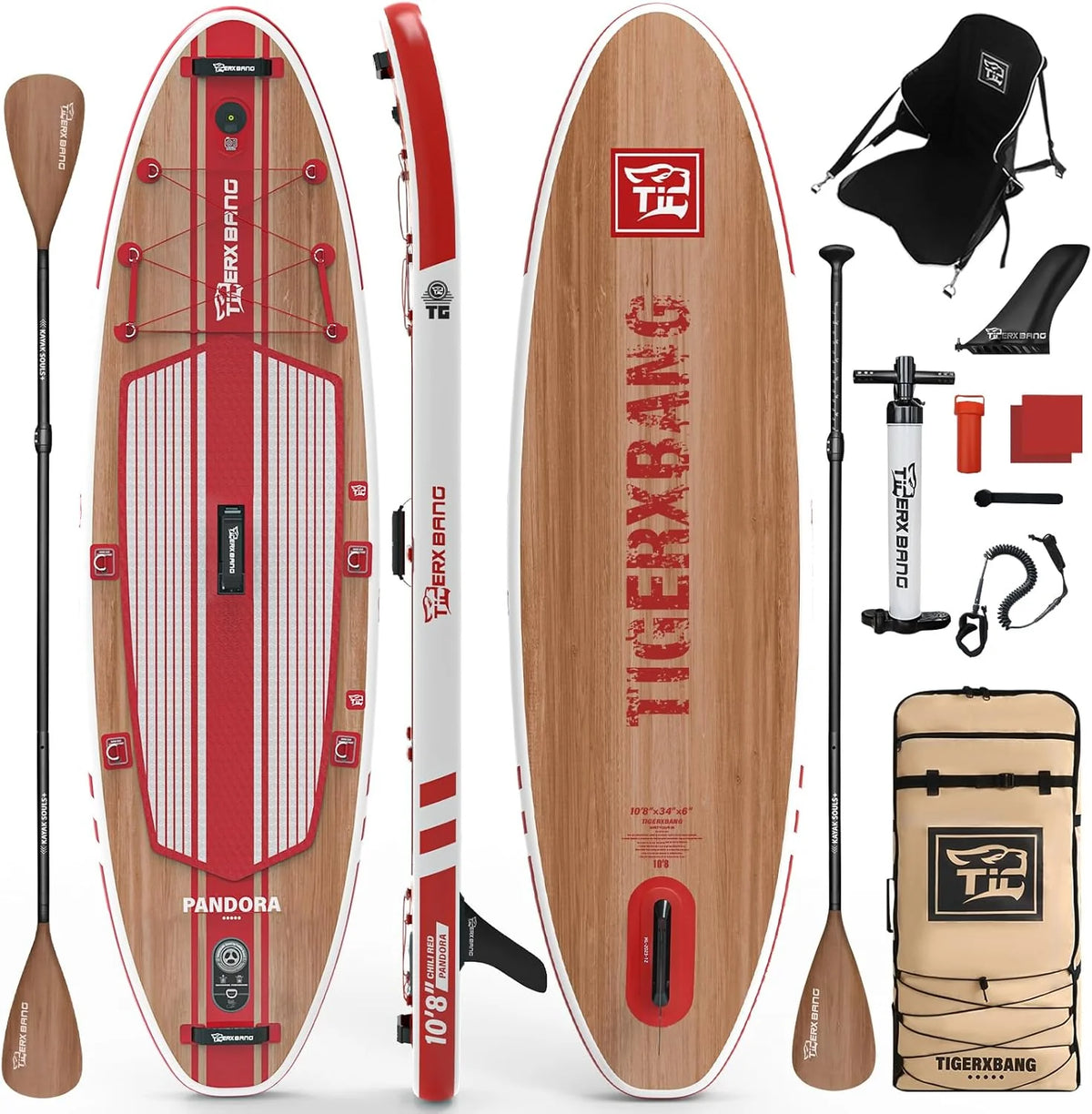 TIGERXBANG Deska SUP, deska do paddlingu, 10'8", 330 x 86 x 15 cm, z kompletnym nadmuchiwanym akcesoriami klasy premium, bardzo szerokie deski do wiosłowania dla dorosłych i dzieci, kolekcja Pandora(Chili czerwony)