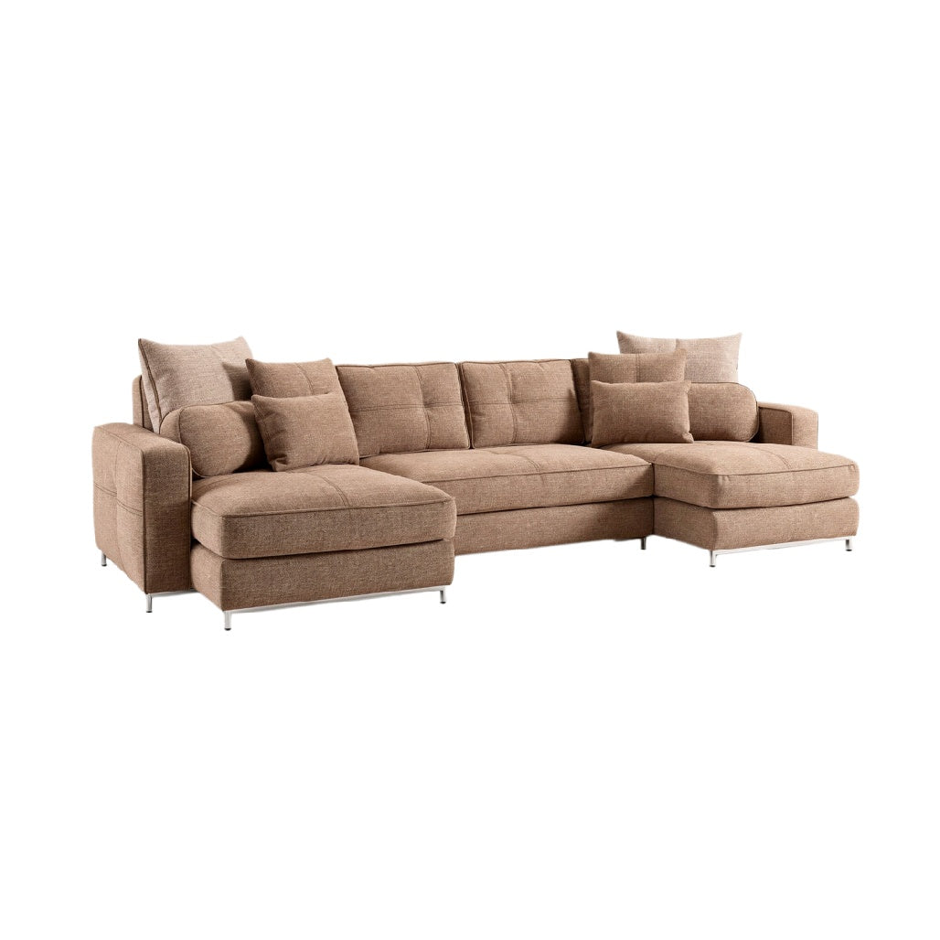 **Tytuł techniczny: Sofa rogowa z poduszkami, brązowy materiał**
