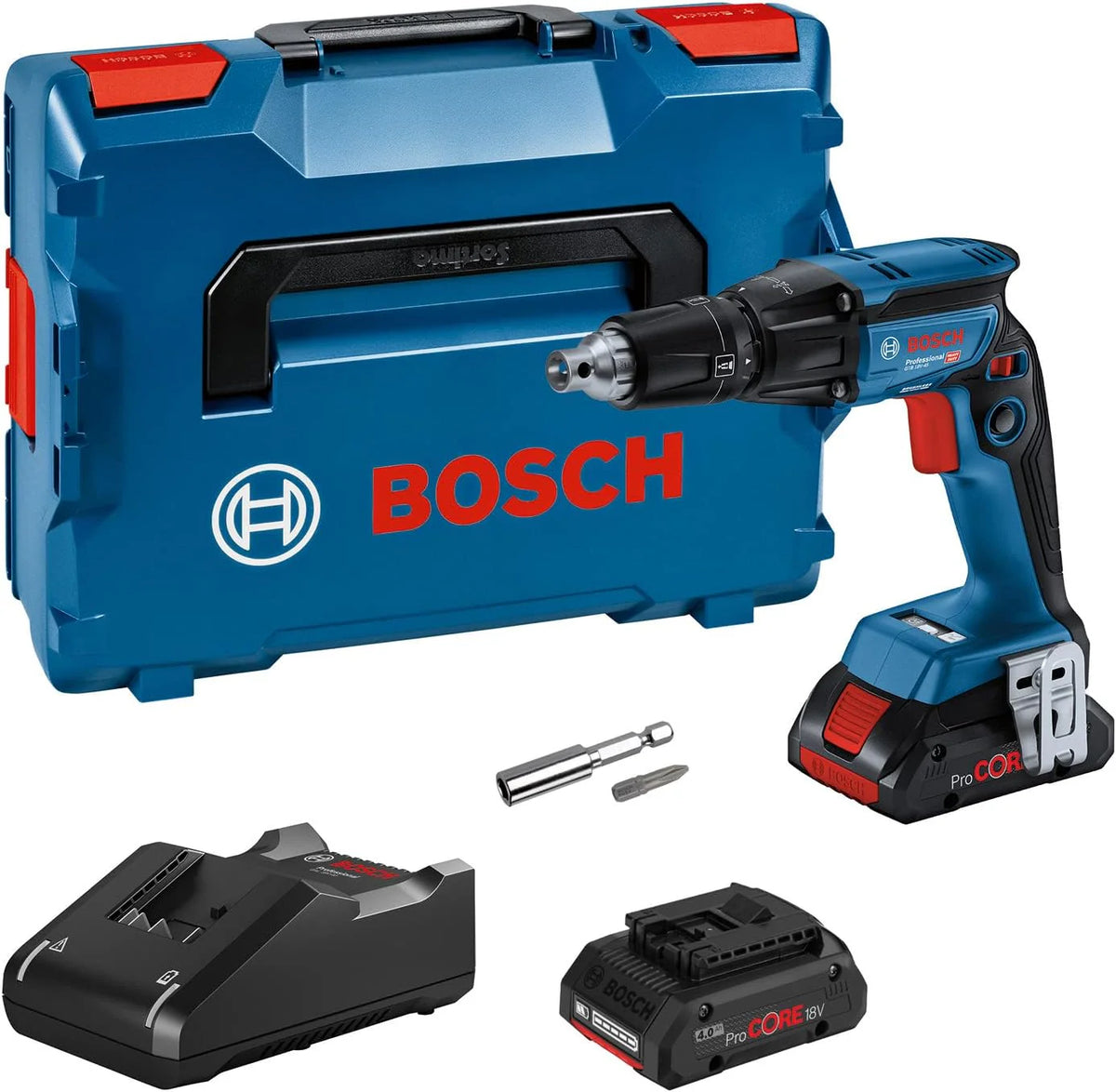 Bosch Professional 18 V System akumulatorowa wkrętarka do suchej zabudowy GTB 18V-45 (w zestawie 2 x akumulator 4,0 Ah ProCORE18V, szybka ładowarka GAL 18V-40, L-BOXX)