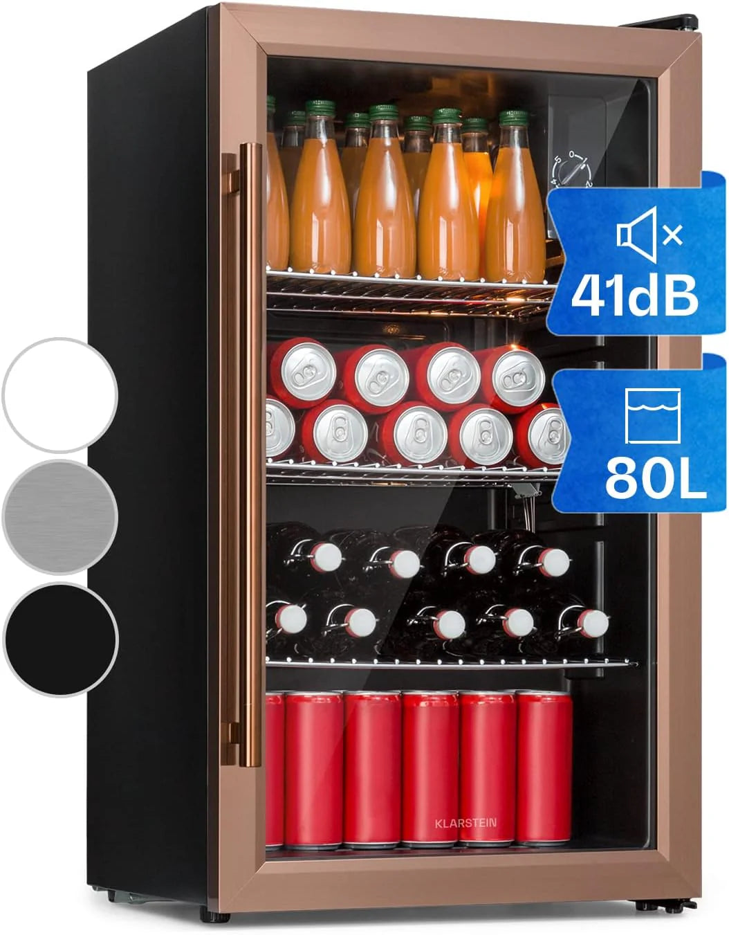 Klarstein Beersafe Quartz White lodówka na piwo, lodówka na napoje ze szklanymi drzwiczkami, lodówka, lodówka na butelki o pojemności 80 litrów(80 L/Miedź, metaliczny)