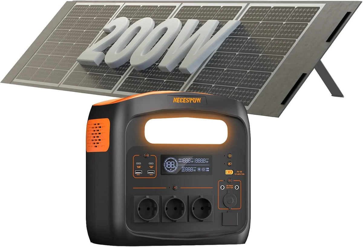 Generator solarny N1200 z panelem słonecznym 200 W, przenośna stacja zasilająca 1102,5 Wh, gniazdka 1200 W AC, generator solarny PD100 W, baterie LiFePO4, na kemping, do kamperów, awarii(N1200+200W)