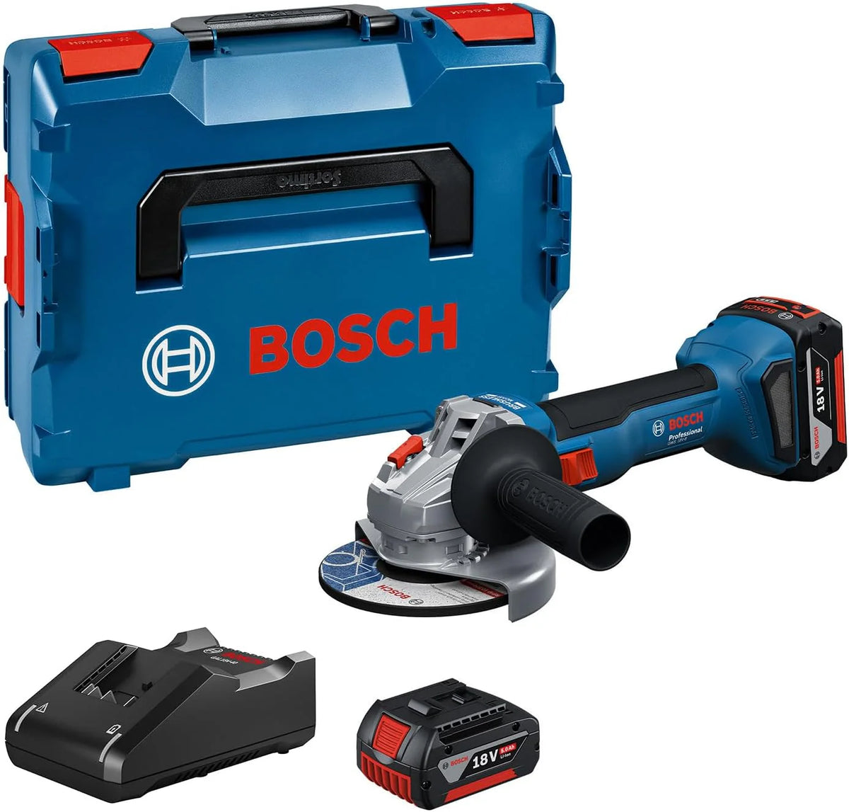 Bosch Professional 18 V firmy Bosch: akumulatorowa szlifierka kątowa GWS 18V-8 (Ø tarczy 125 mm, 2x GBA 5.0Ah, ładowarka GAL 18V-40, walizka L-BOXX)