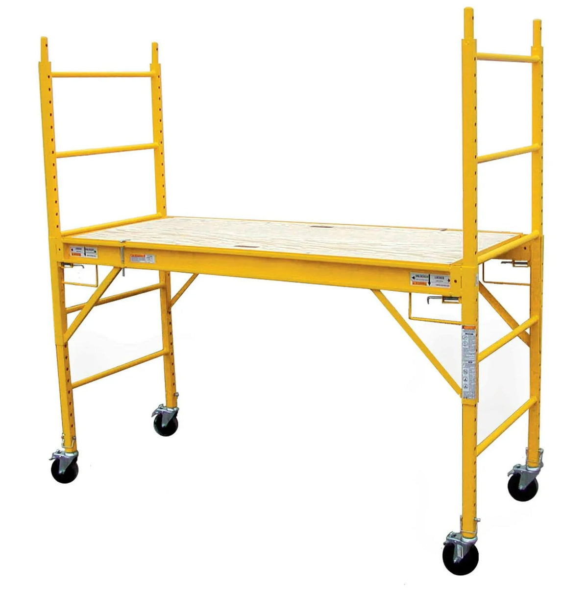 Mobilne składane rusztowanie stalowe serii Pro z platformą drewnianą, udźwig 454 kg, wysokość robocza 3,66 m. Kompaktowe mini rusztowanie do użytku wewnątrz i na zewnątrz, z blokowanymi kołami.