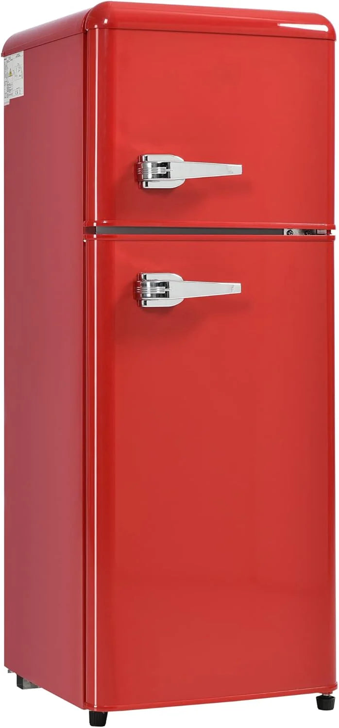 Lodówka w stylu retro, lodówko-zamrażarka, wysokość 105,5 cm, szerokość 41 cm, dwudrzwiowa, całkowita pojemność 92 litrów, 116 kWh/rok, -27°C ~ 13 °C, światło LED (czarny)(Czerwony)
