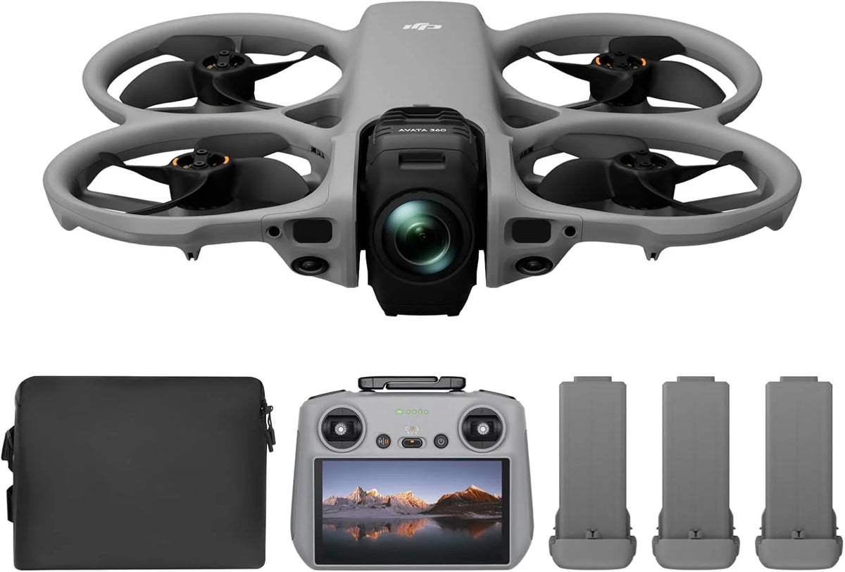 DJI Avata 360 Fly More Combo (RC 2), dron 360° z obrazowaniem 8K 360° klasy 1-calowej do FPV i filmowania z powietrza, dron z kamerą 360° i osłoną śmigieł. Zawiera RC 2 oraz trzy akumulatory.