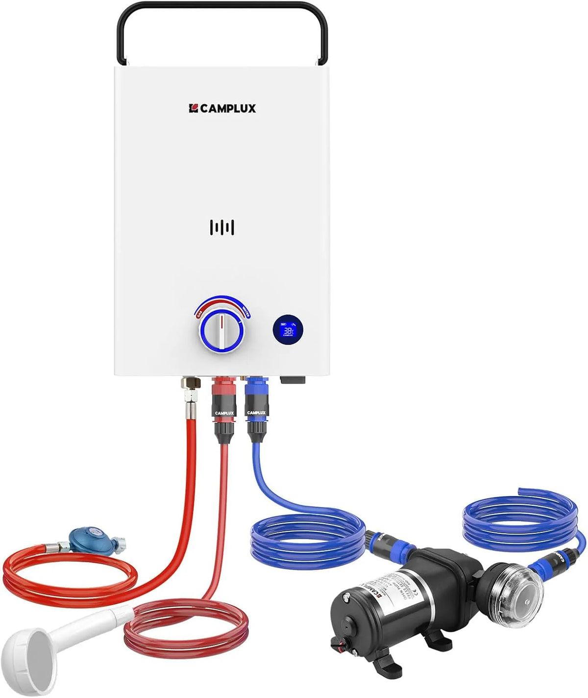 CAMPLUX First F10 Pro-DE gazowy podgrzewacz wody, 10 l, z pompą wodną i uchwytem, LPG, 50 mbar, na kemping/prysznic na świeżym powietrzu